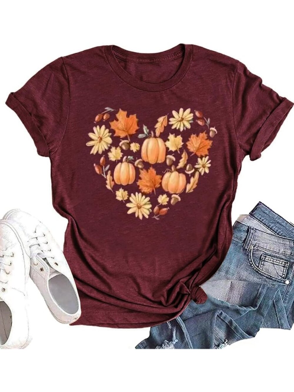 🆕 Women's Maroon Fall Pumpkin Heart Graphic Tee Short Sleeve Shirt